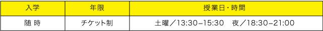 入学→随 時、年限→チケット制、授業日・時間→土曜／13:30−15:30　夜／18:30−21:00